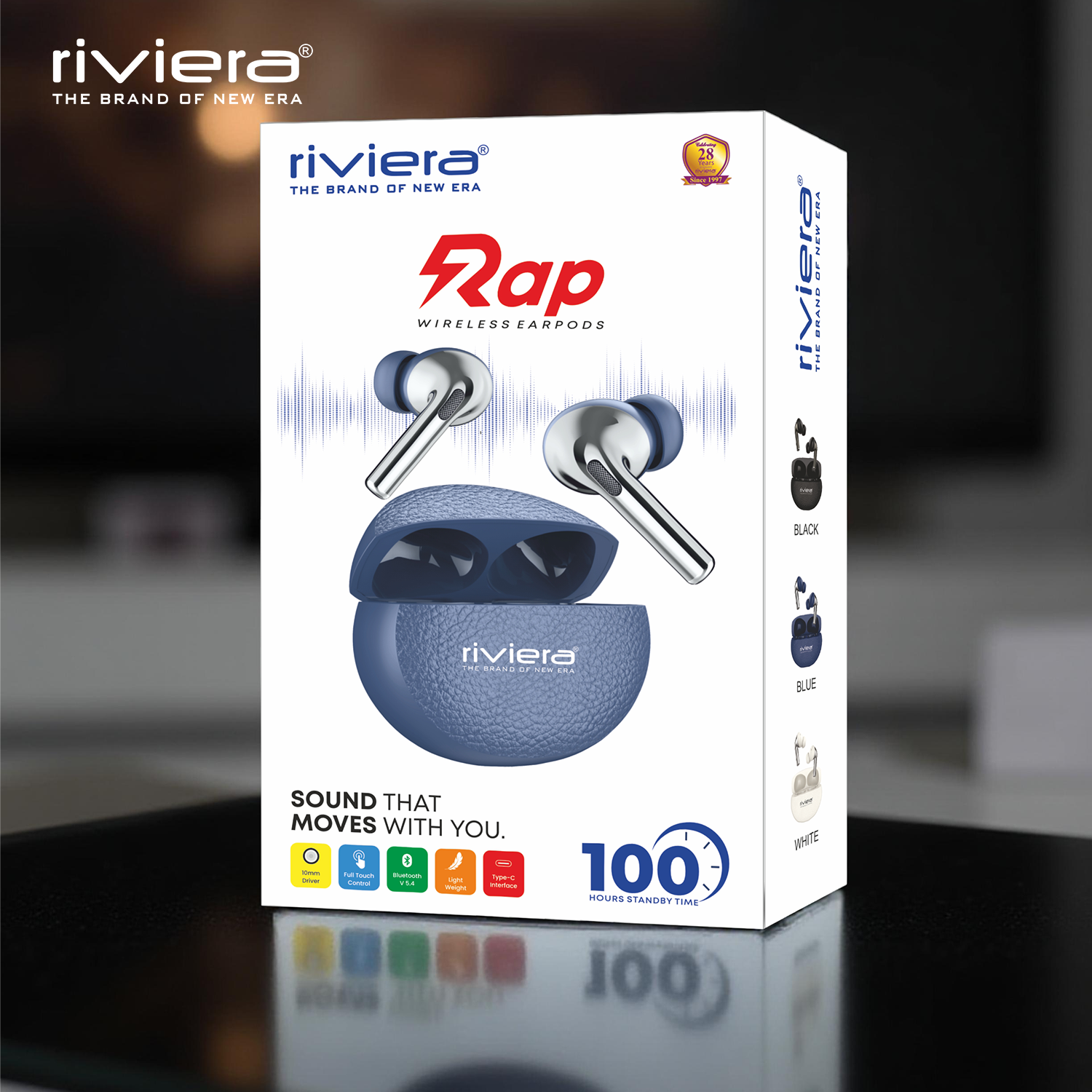Rap TWS Wireless Smart Touch Control Earbuds 10mm Drivers with Superior Sound, Noise Reduction, 100 Hrs Standby Time, Bluetooth V5.4 Ear Buds, Type C Interface - Blue