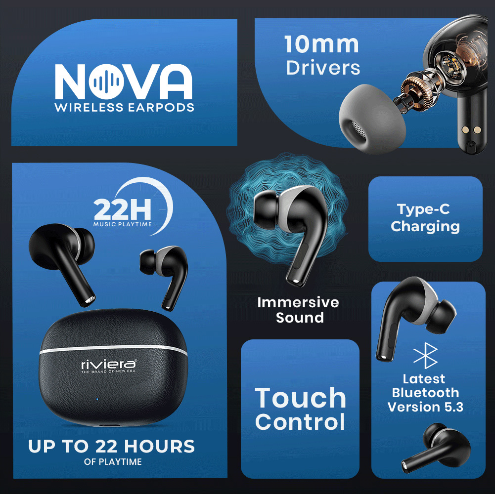 Nova TWS Earphones | Bluetooth 5.3 | 22 Hrs Playtime | Type-C Fast Charging | Black