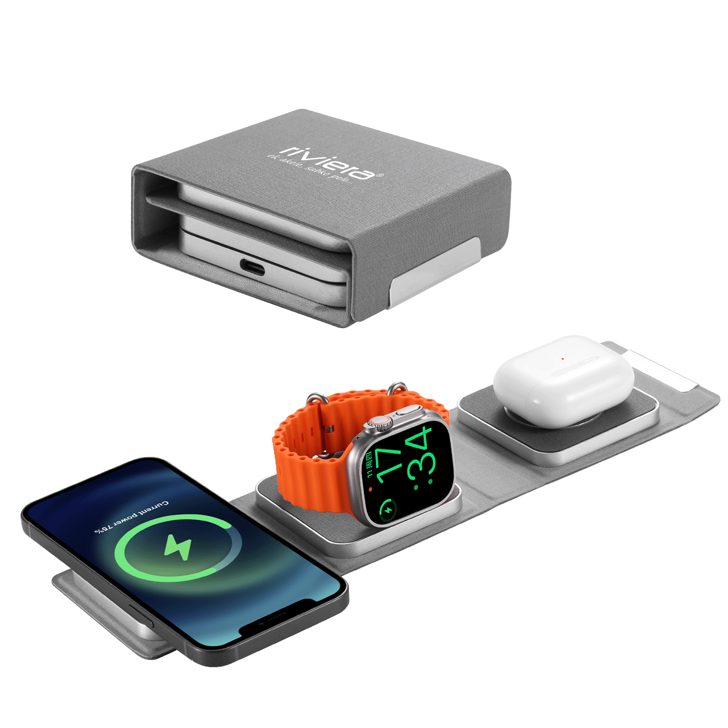 MAGSAFE MAGNETIC Foldable 3 in 1 Wireless Charger For Mobile, Watch & Headset|Fast Charging Dock with 15W Output|Qi-Compatible |Type-C Interface | White