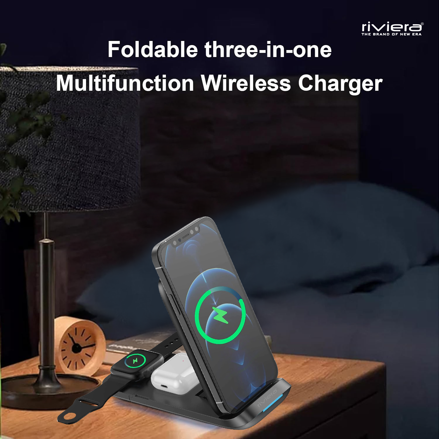 MAGSAFE MAGNETIC 3 in 1 Wireless Charger For Mobile, Watch & Headset, Fast Charging with 15W Output, Qi-Compatible |Type-C Interface | Black