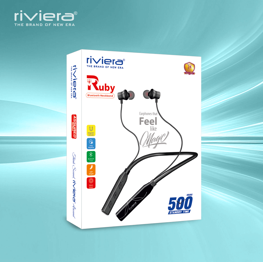 RUBY Bluetooth Neckband Earphones With Megnatic Design Wireless Headphone, 55 Hour Audio Playtime, Fast Charging, Bluetooth V6.0, Sweat Resistance | Black