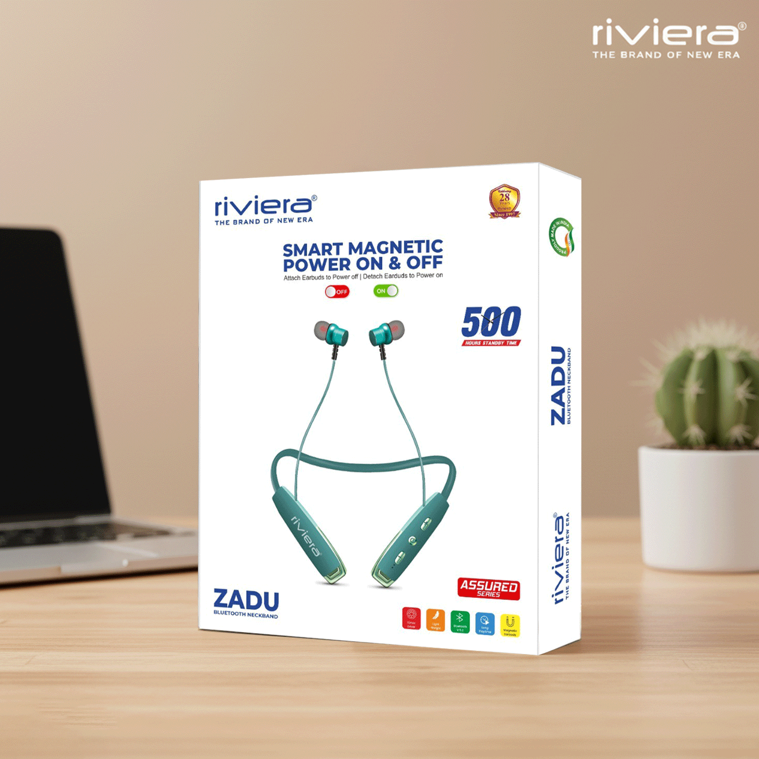 Zadu in Ear Bluetooth Neckband, 55H Music Playtime, Built-in Microphone, Wireless Headset Magnetic Earphones Deep Bass, 500 Hrs standy Time - Green.