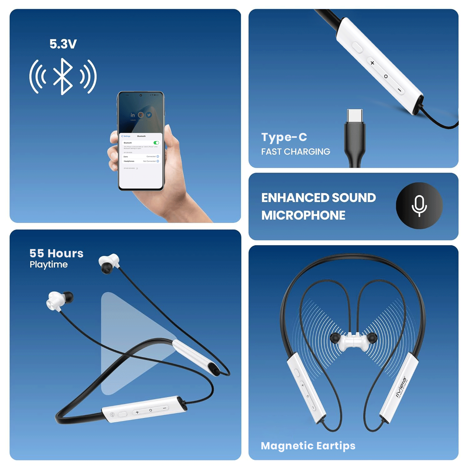 Zoro Neckband Headphones 500hrs (Standby) Long Battery Life, Wireless Noise Isolate Earbuds Bluetooth 5.3, Sweatproof, Headphones with Mic, Magnetic Design & Type C Interface