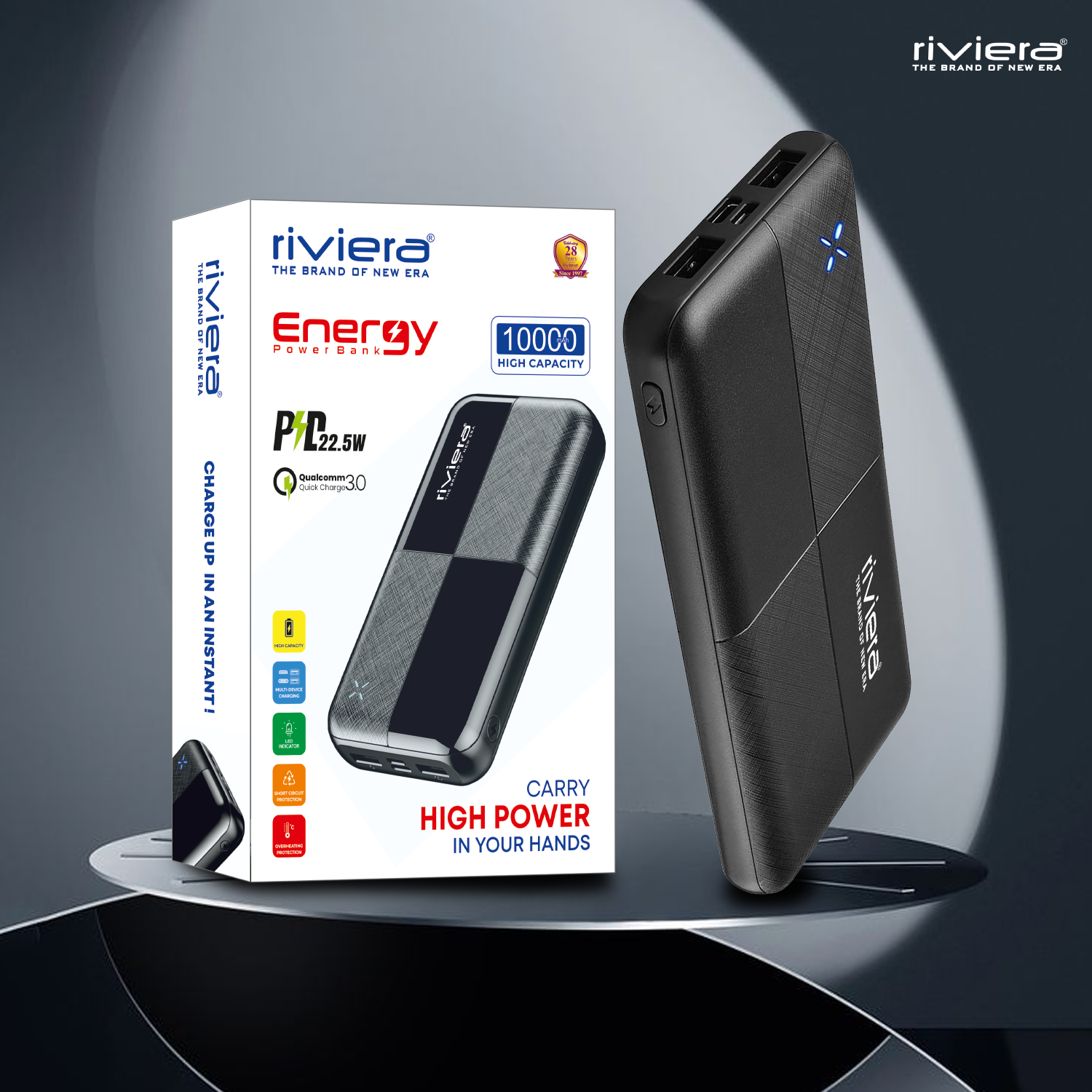 Riviera Energy 10000mAh Power Bank | 22.5W PD + Qualcomm Quick Charge 3.0 | Dual USB Output | LED Indicator | Fast Charging Portable Powerbank (Black)