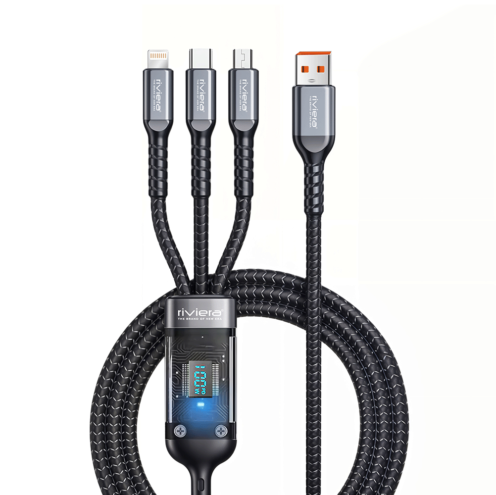 STRIKER 3-in-1 Fast Charging Cable with Digital Display – 100W | 1m | Universal Compatibility | Black