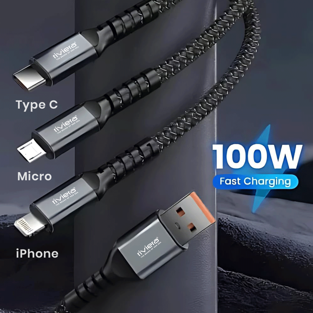 STRIKER 3-in-1 Fast Charging Cable with Digital Display – 100W | 1m | Universal Compatibility | Black