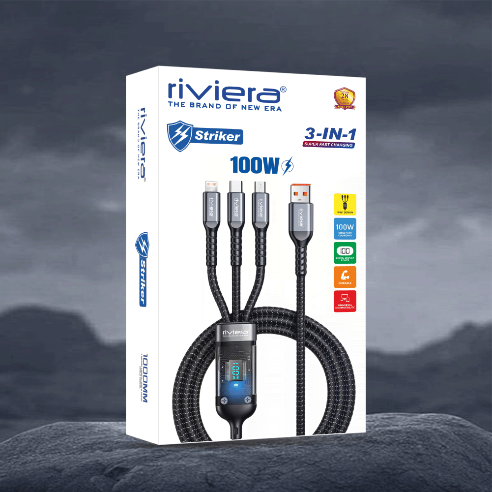 STRIKER 3-in-1 Fast Charging Cable with Digital Display – 100W | 1m | Universal Compatibility | Black