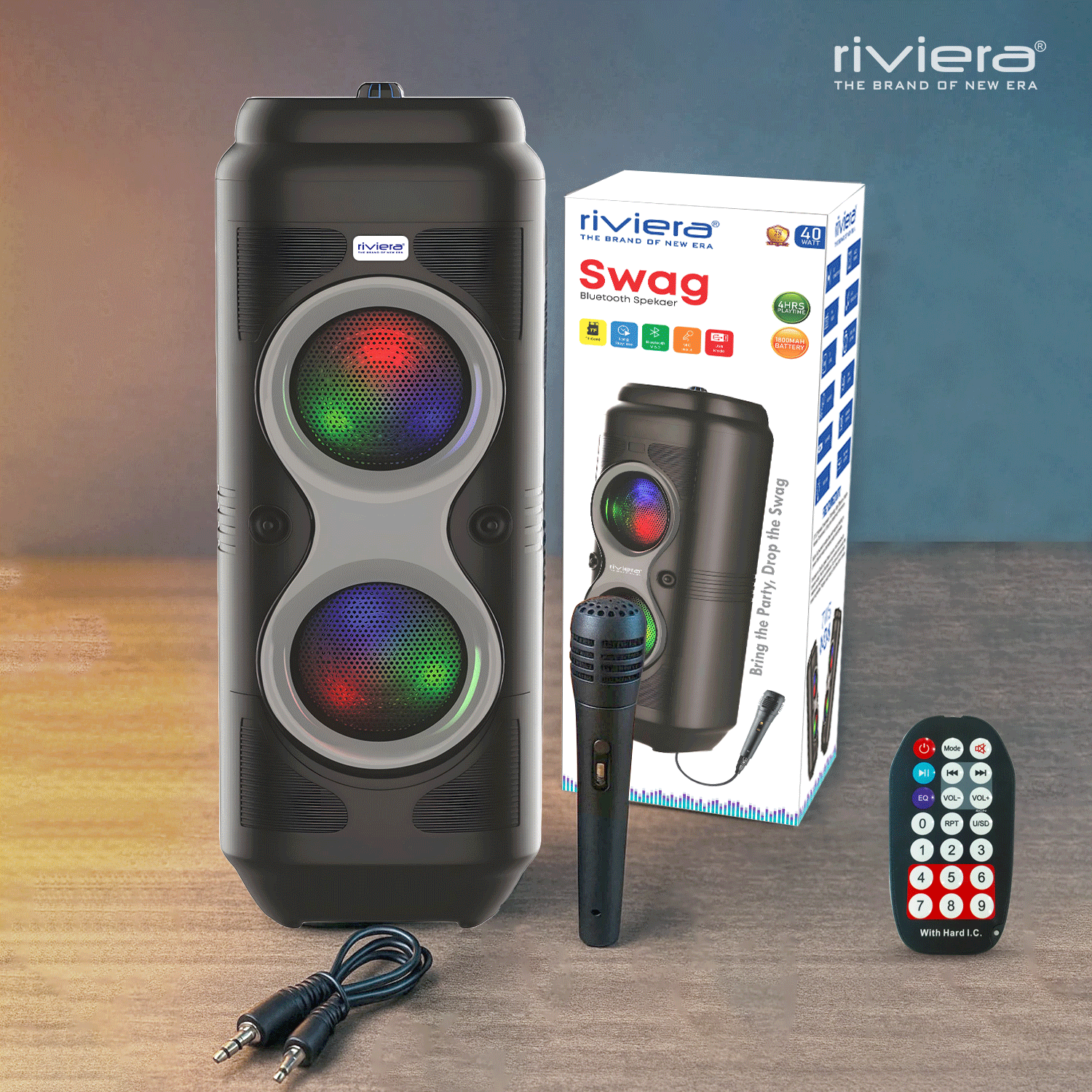 Swag 40W Bluetooth V5.0 Speaker With Wire Karaoke Mic | RGB Lights | 1800mAh Battery | TWS, USB, FM, AUX, TF Card Support - Black