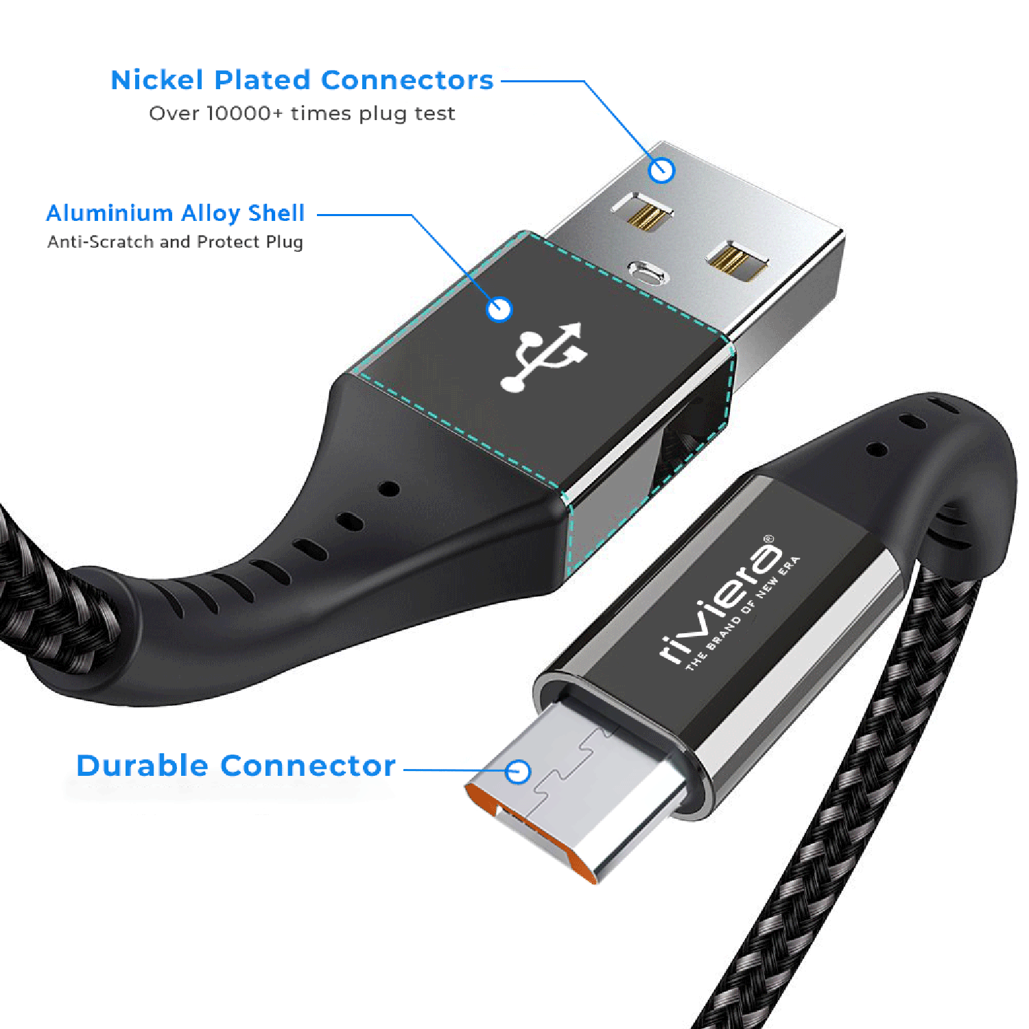 Riviera DT-52, 100W Metal Fishnet Fast Charging Data Cable with Aluminium Cover, 2-in-1 Sync & Charge, Anti-Dry Scratch, Durable & Tangle-Free, 4.5mm Thick, Compatible with Micro  USB Devices – 1m (Black, Made in India)