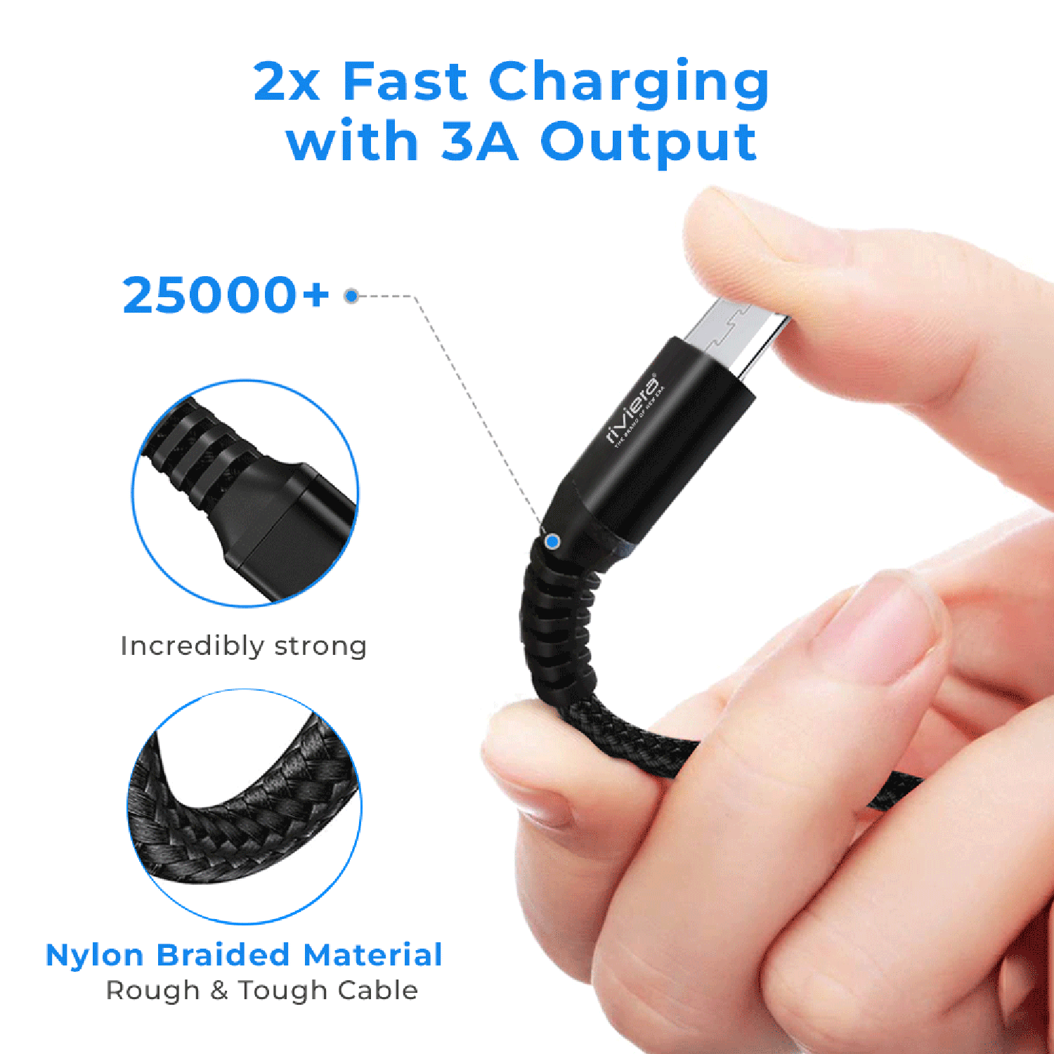Riviera DT-52, 100W Metal Fishnet Fast Charging Data Cable with Aluminium Cover, 2-in-1 Sync & Charge, Anti-Dry Scratch, Durable & Tangle-Free, 4.5mm Thick, Compatible with Micro  USB Devices – 1m (Black, Made in India)