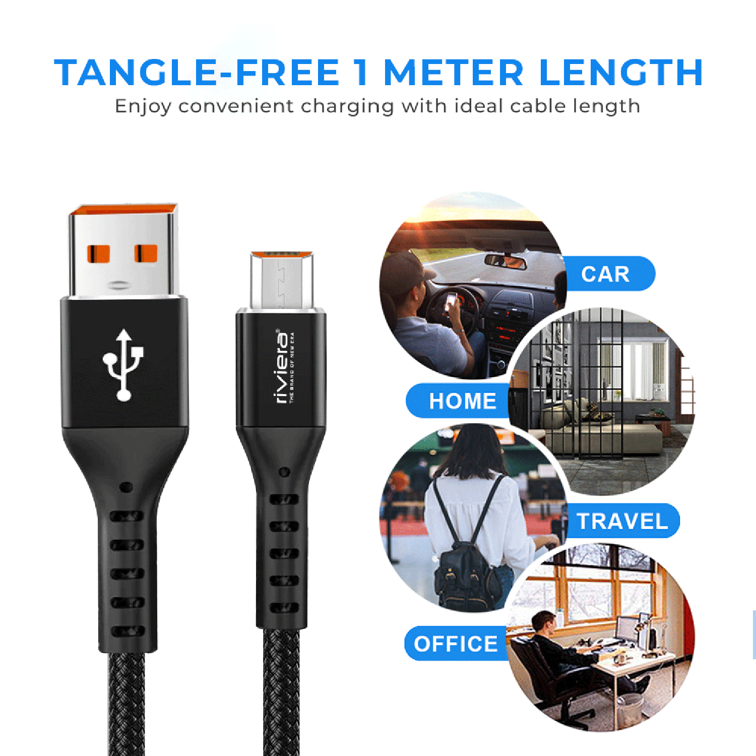 Riviera DT-52, 100W Metal Fishnet Fast Charging Data Cable with Aluminium Cover, 2-in-1 Sync & Charge, Anti-Dry Scratch, Durable & Tangle-Free, 4.5mm Thick, Compatible with Micro  USB Devices – 1m (Black, Made in India)
