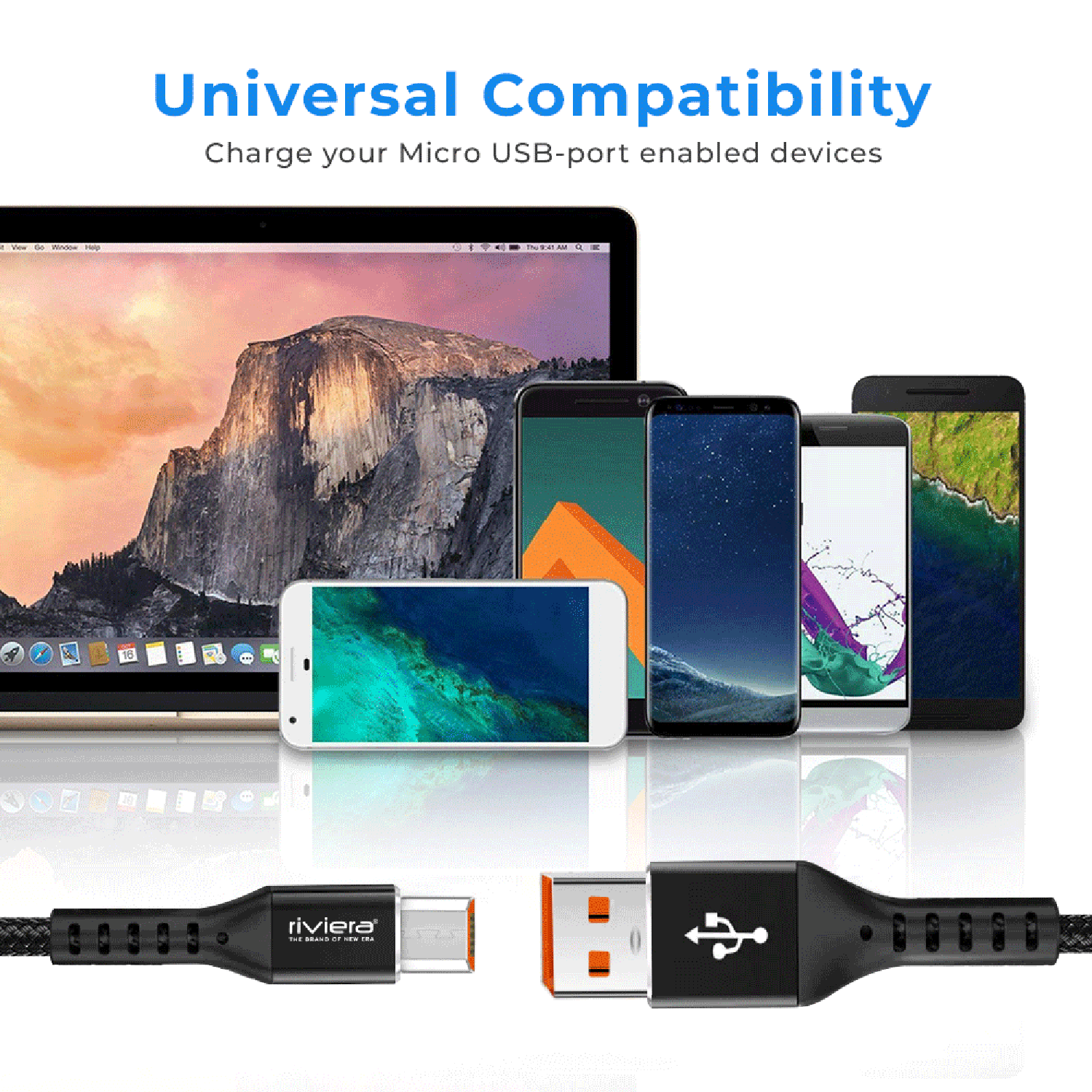 Riviera DT-52, 100W Metal Fishnet Fast Charging Data Cable with Aluminium Cover, 2-in-1 Sync & Charge, Anti-Dry Scratch, Durable & Tangle-Free, 4.5mm Thick, Compatible with Micro  USB Devices – 1m (Black, Made in India)
