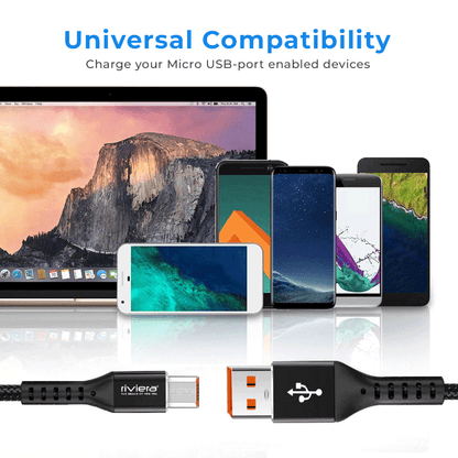 Riviera DT-52, 100W Metal Fishnet Fast Charging Data Cable with Aluminium Cover, 2-in-1 Sync & Charge, Anti-Dry Scratch, Durable & Tangle-Free, 4.5mm Thick, Compatible with Micro  USB Devices – 1m (Black, Made in India)