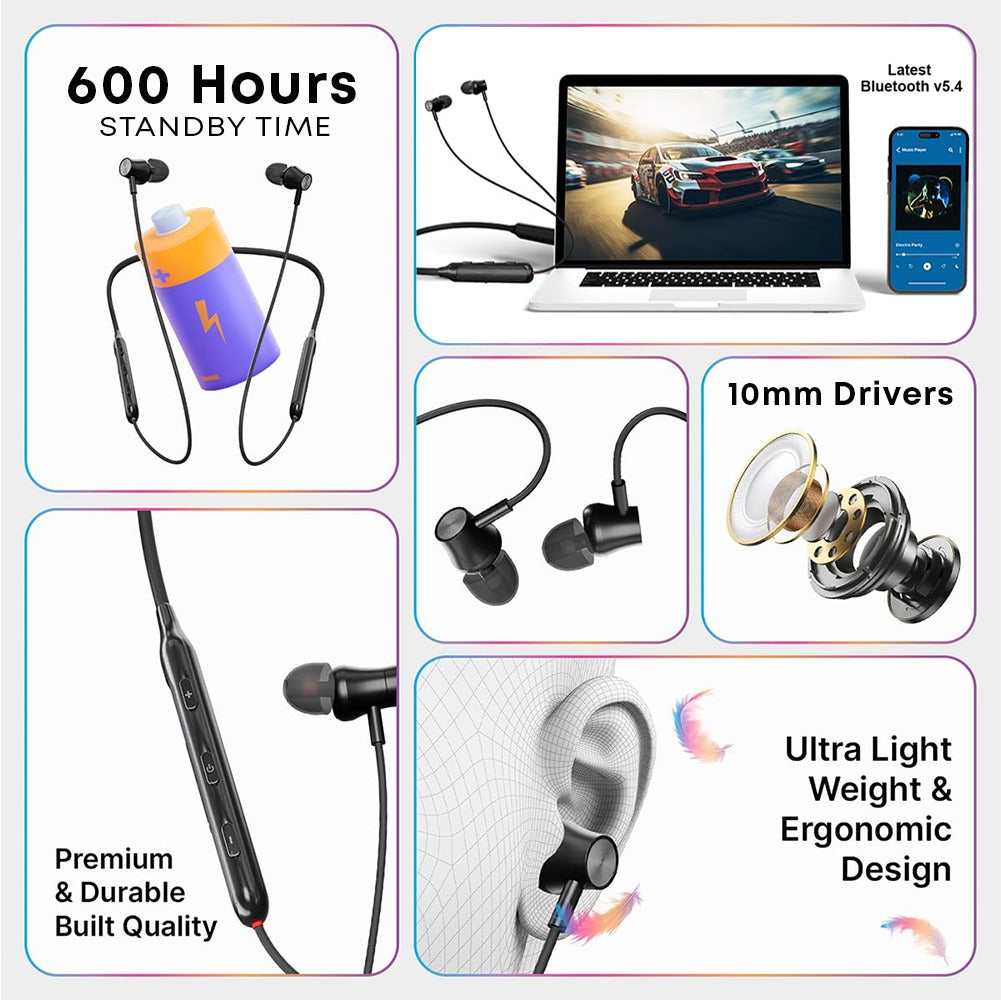 ZAZZ Neckband Standby Time 600 Hrs Wireless Headphones, Bluetooth V5.4 Headphones 40 Hrs Playtime Stereo Bass in-Ear Headsets with Mic, Magnetic Earbuds for Sport, Business | Black