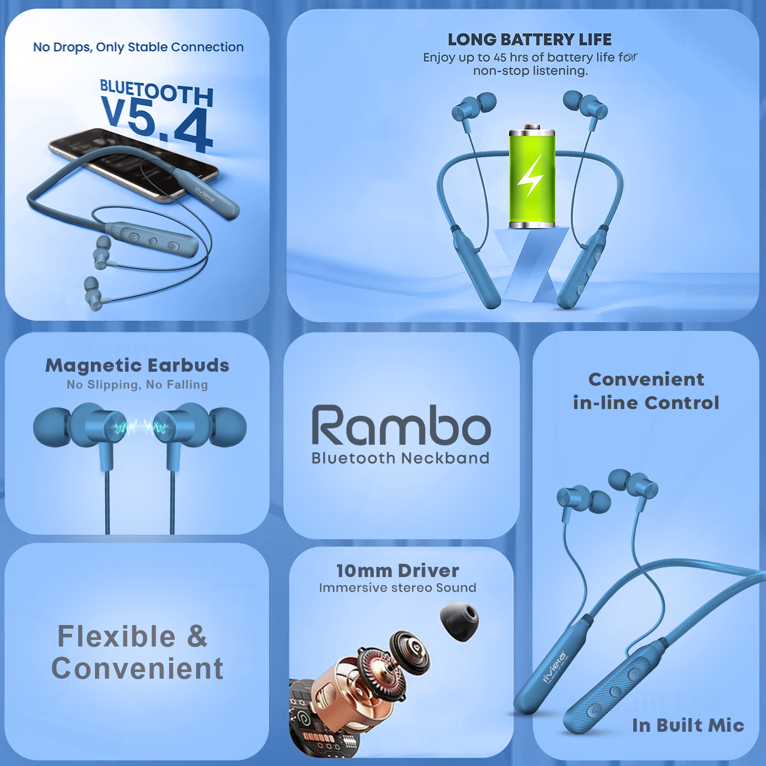 Rambo in Ear Wireless Neckband 45Hour Music Playtime, Built-in Microphone, Bluetooth V5.4 Headset Magnetic Earphones Deep Bass, Ultra-Lightweight - Blue