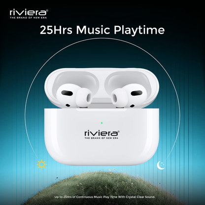 Riviera R004 TWS Wireless EarPods | Bluetooth 5.2 | Up to 25Hrs Playtime | Dual Pairing | Wireless Charging | Secure Fit | White
