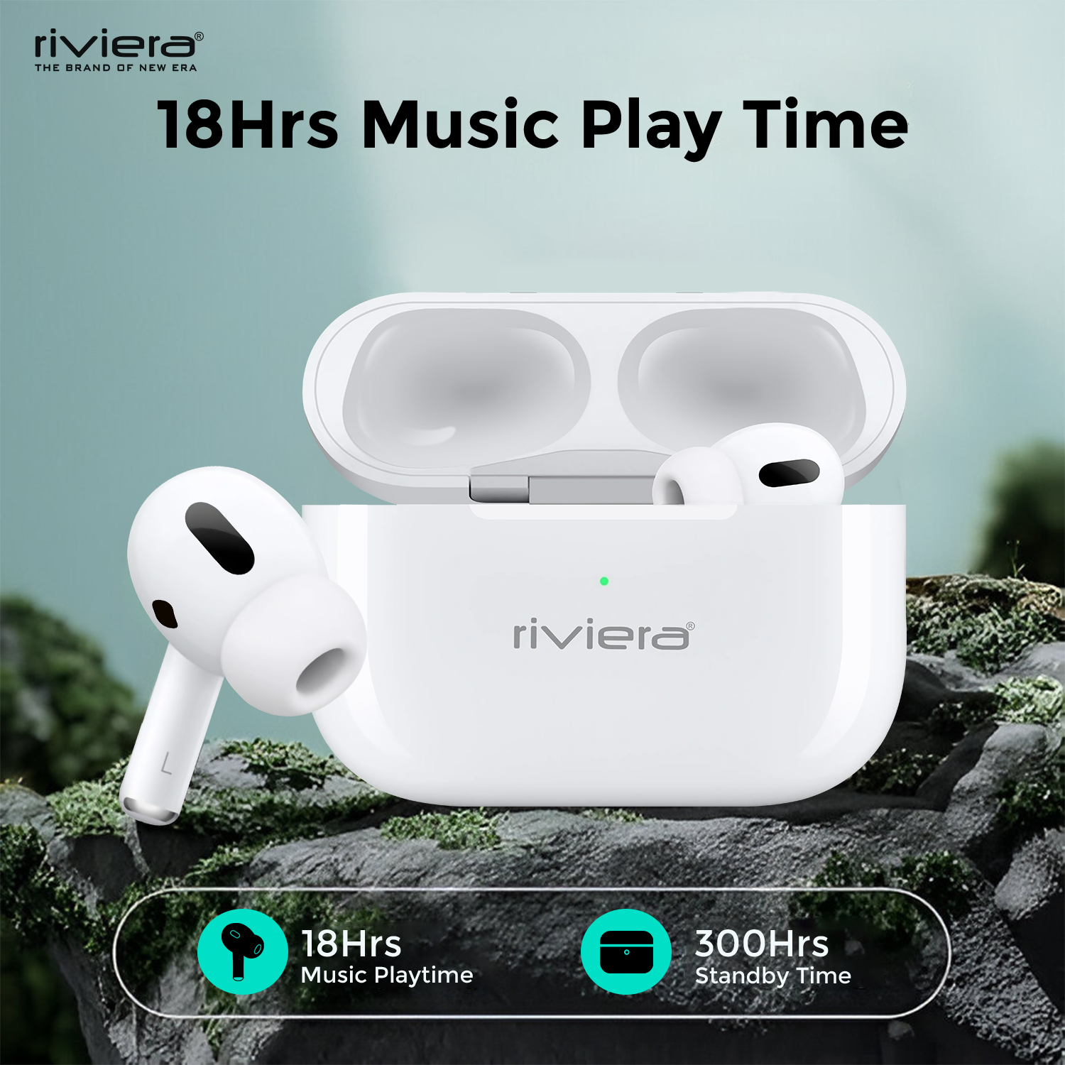 Riviera R003 Wireless EarPods | Bluetooth 6.0 | Type-C Fast Charging | 18Hr Playtime | White