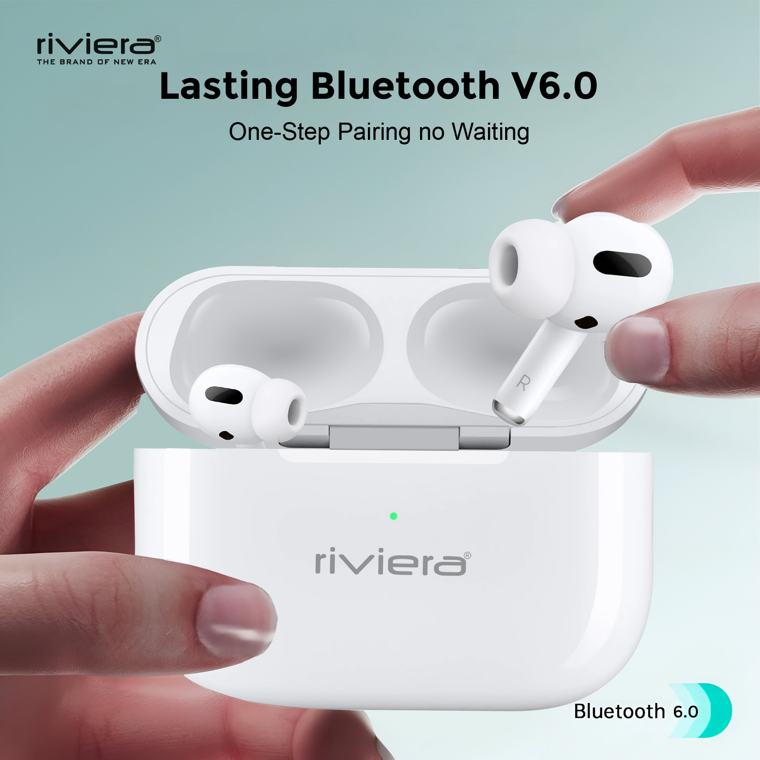Riviera R003 Wireless EarPods | Bluetooth 6.0 | Type-C Fast Charging | 18Hr Playtime | White
