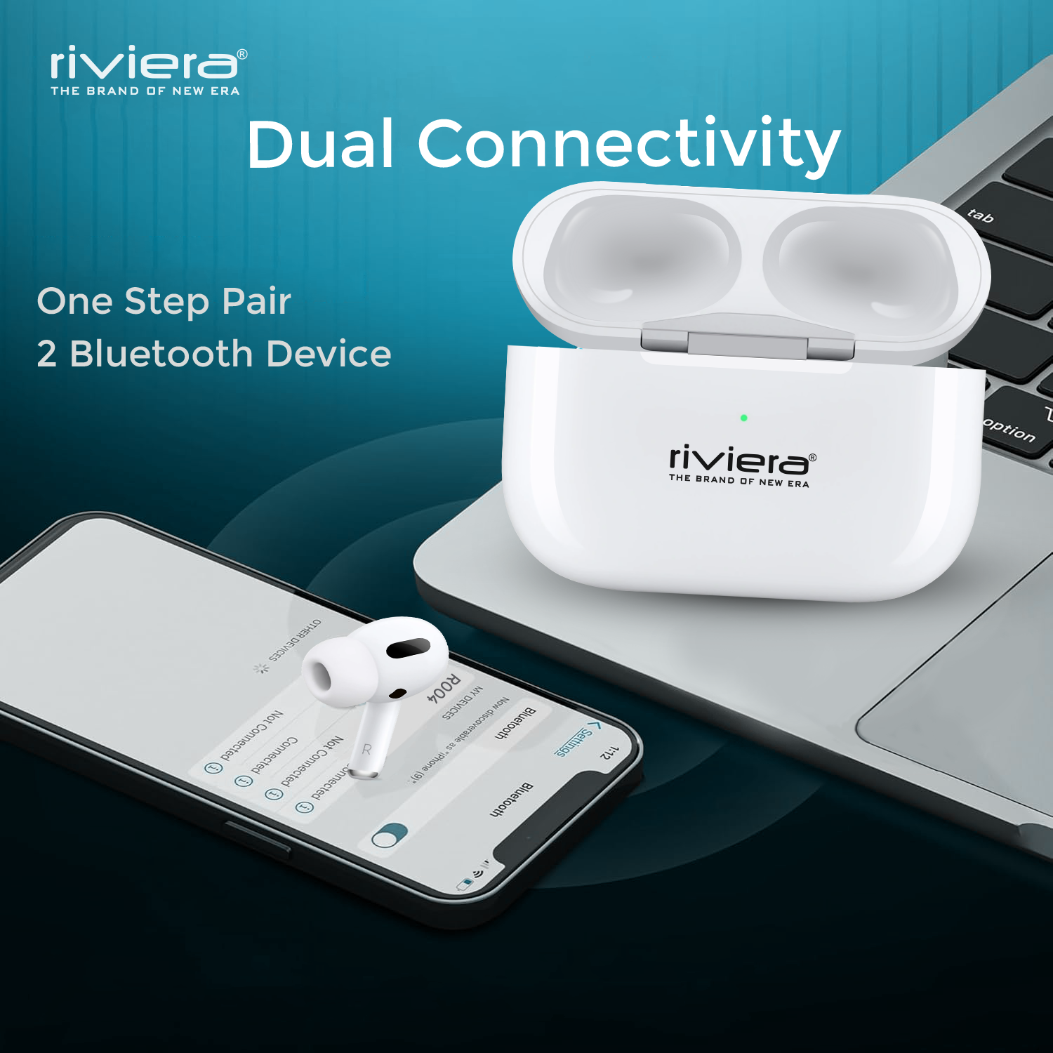 Riviera R004 TWS Wireless EarPods | Bluetooth 5.2 | Up to 25Hrs Playtime | Dual Pairing | Wireless Charging | Secure Fit | White