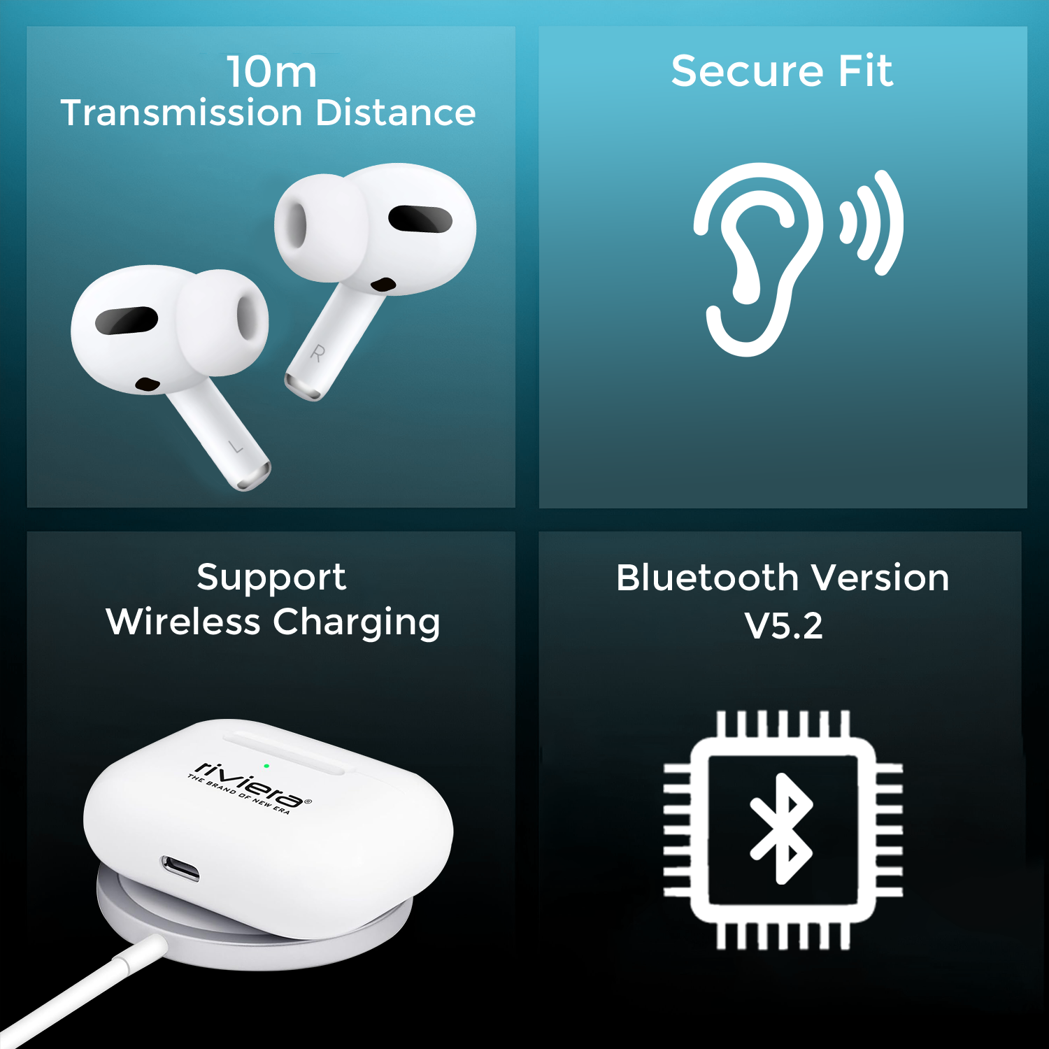 Riviera R004 TWS Wireless EarPods | Bluetooth 5.2 | Up to 25Hrs Playtime | Dual Pairing | Wireless Charging | Secure Fit | White