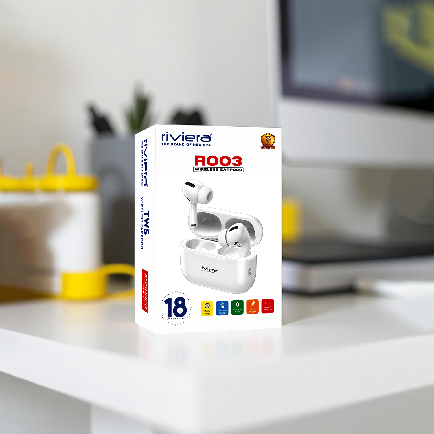 Riviera R003 Wireless EarPods | Bluetooth 6.0 | Type-C Fast Charging | 18Hr Playtime | White