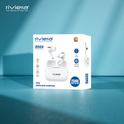 Riviera R004 TWS Wireless EarPods | Bluetooth 5.2 | Up to 25Hrs Playtime | Dual Pairing | Wireless Charging | Secure Fit | White