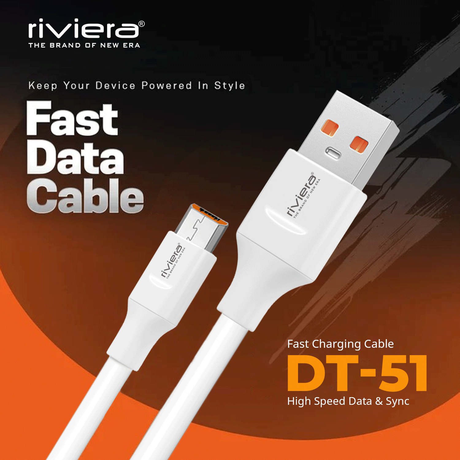 Riviera DT-51, 120W Fast Charging Data Cable | 6mm Extra Thick PVC |  10,000+ Bend Lifespan | Safe Charging | Compatible With Smartphones, Tablets, Power Banks & More  | White | Made in India