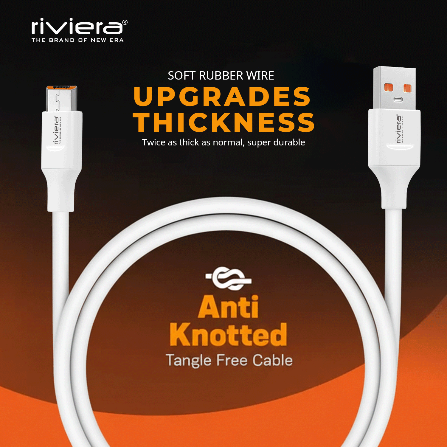 Riviera DT-51, 120W Fast Charging Data Cable | 6mm Extra Thick PVC |  10,000+ Bend Lifespan | Safe Charging | Compatible With Smartphones, Tablets, Power Banks & More  | White | Made in India