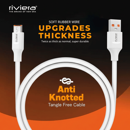Riviera DT-51, 120W Fast Charging Data Cable | 6mm Extra Thick PVC |  10,000+ Bend Lifespan | Safe Charging | Compatible With Smartphones, Tablets, Power Banks & More  | White | Made in India