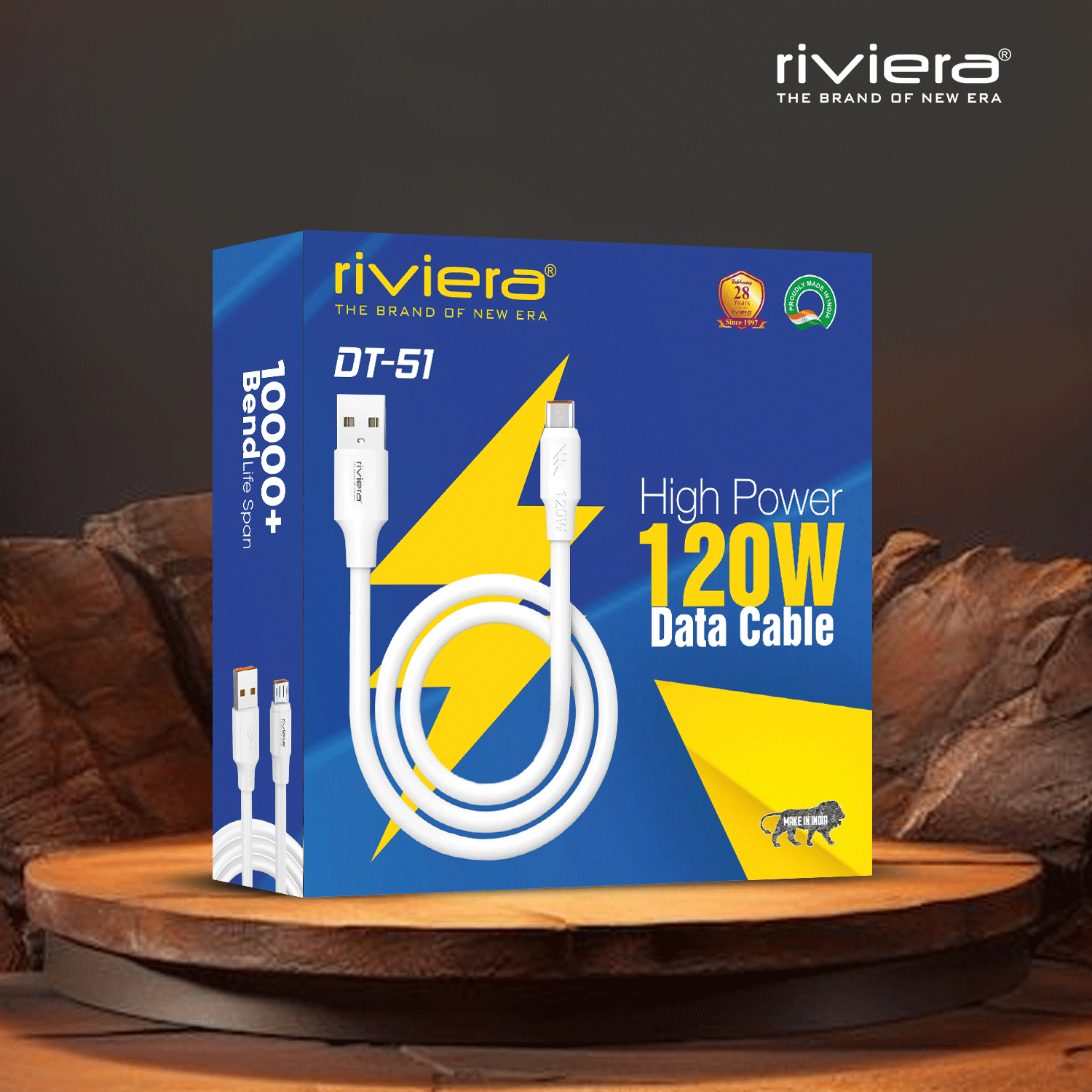 Riviera DT-51, 120W Fast Charging Data Cable | 6mm Extra Thick PVC |  10,000+ Bend Lifespan | Safe Charging | Compatible With Smartphones, Tablets, Power Banks & More  | White | Made in India