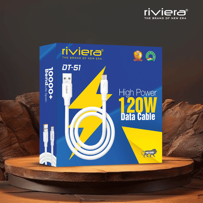 Riviera DT-51, 120W Fast Charging Data Cable | 6mm Extra Thick PVC |  10,000+ Bend Lifespan | Safe Charging | Compatible With Smartphones, Tablets, Power Banks & More  | White | Made in India