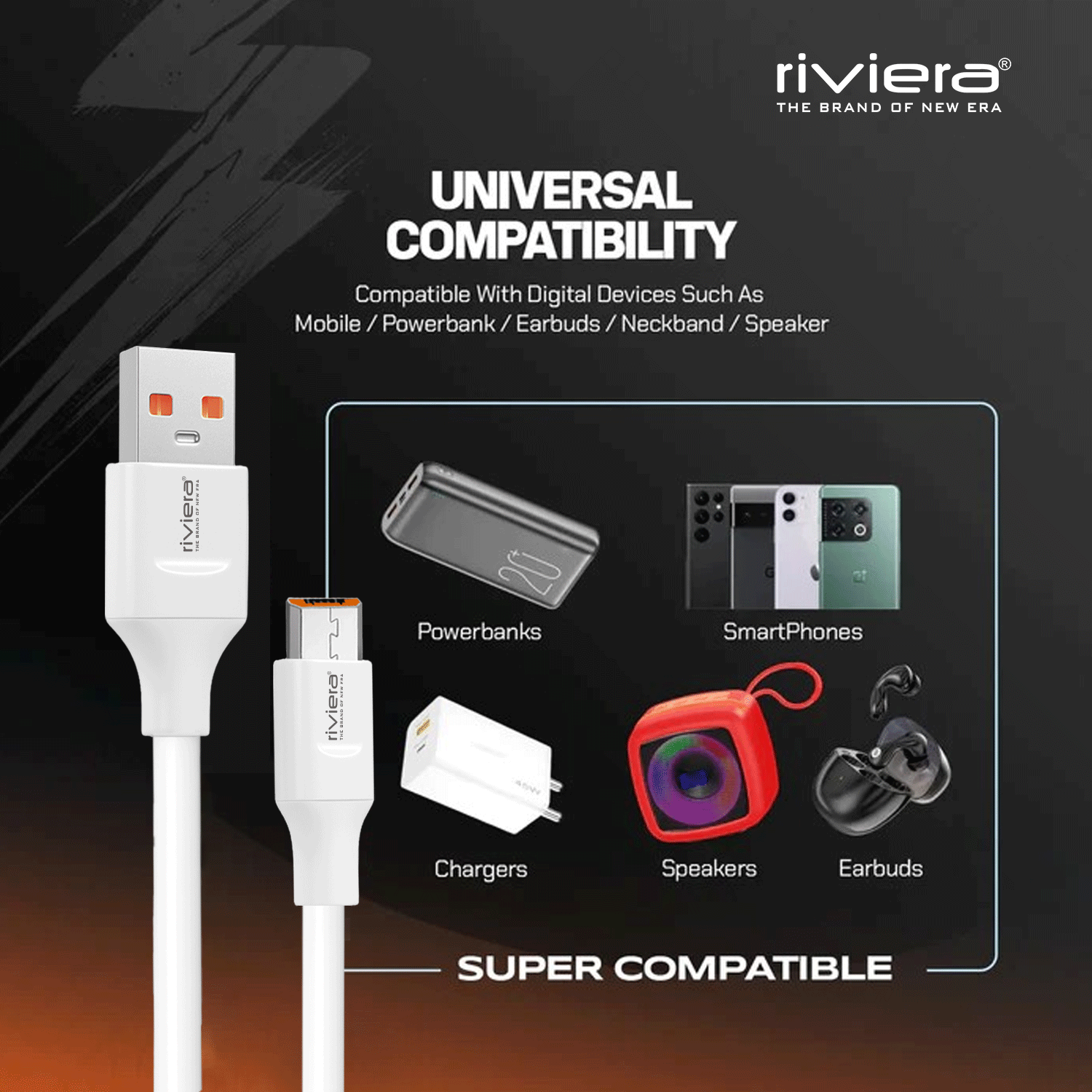 Riviera DT-51, 120W Fast Charging Data Cable | 6mm Extra Thick PVC |  10,000+ Bend Lifespan | Safe Charging | Compatible With Smartphones, Tablets, Power Banks & More  | White | Made in India