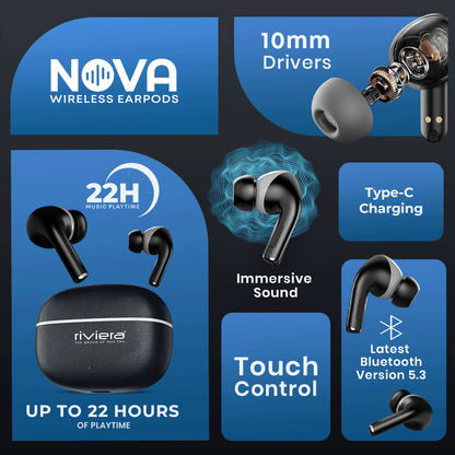 Nova TWS Earphones | Bluetooth 5.3 | 22 Hrs Playtime | Type-C Fast Charging | Black