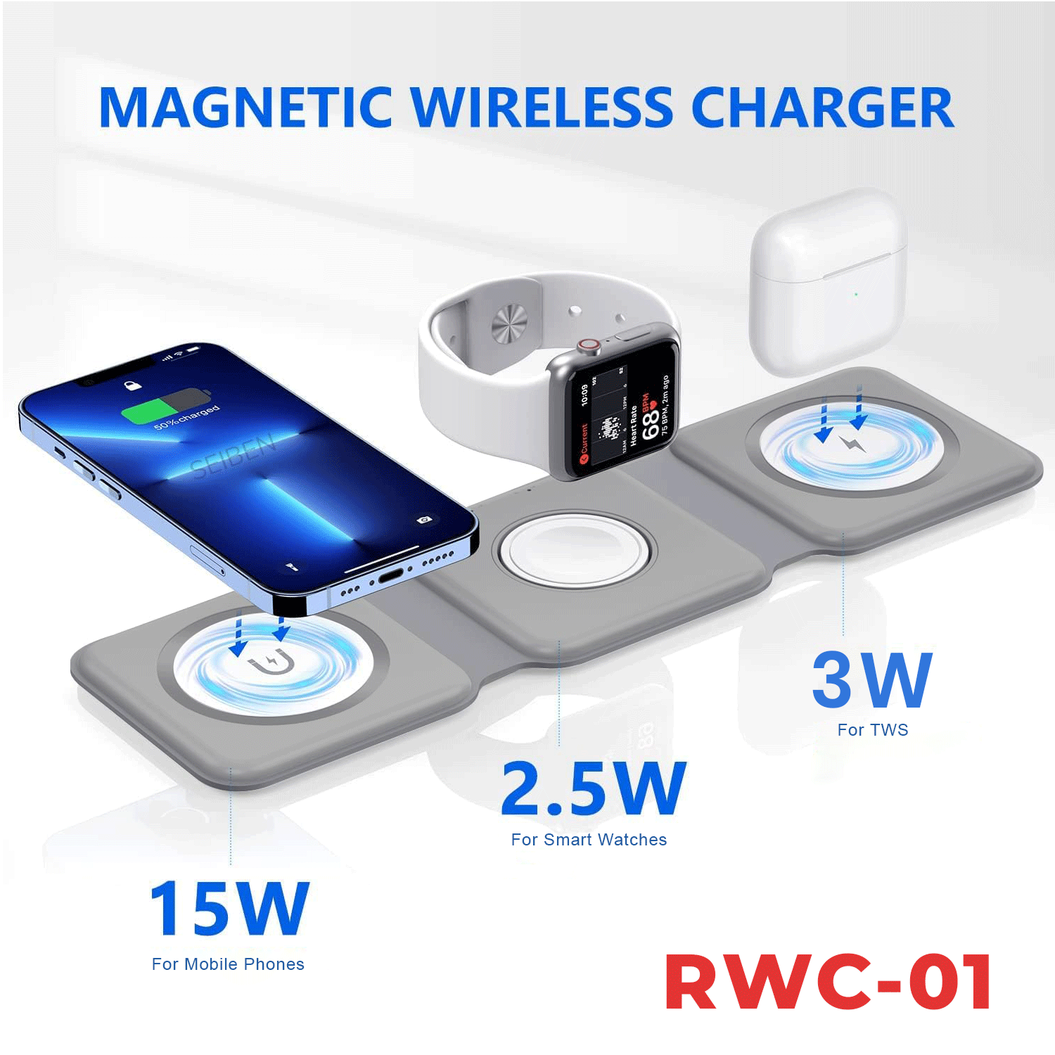 MAGSAFE MAGNETIC Foldable 3 in 1 Wireless Charger For Mobile, Watch & Headset|Fast Charging Dock with 15W Output|Qi-Compatible |Type-C Interface | White