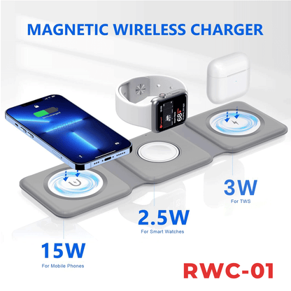 MAGSAFE MAGNETIC Foldable 3 in 1 Wireless Charger For Mobile, Watch & Headset|Fast Charging Dock with 15W Output|Qi-Compatible |Type-C Interface | White