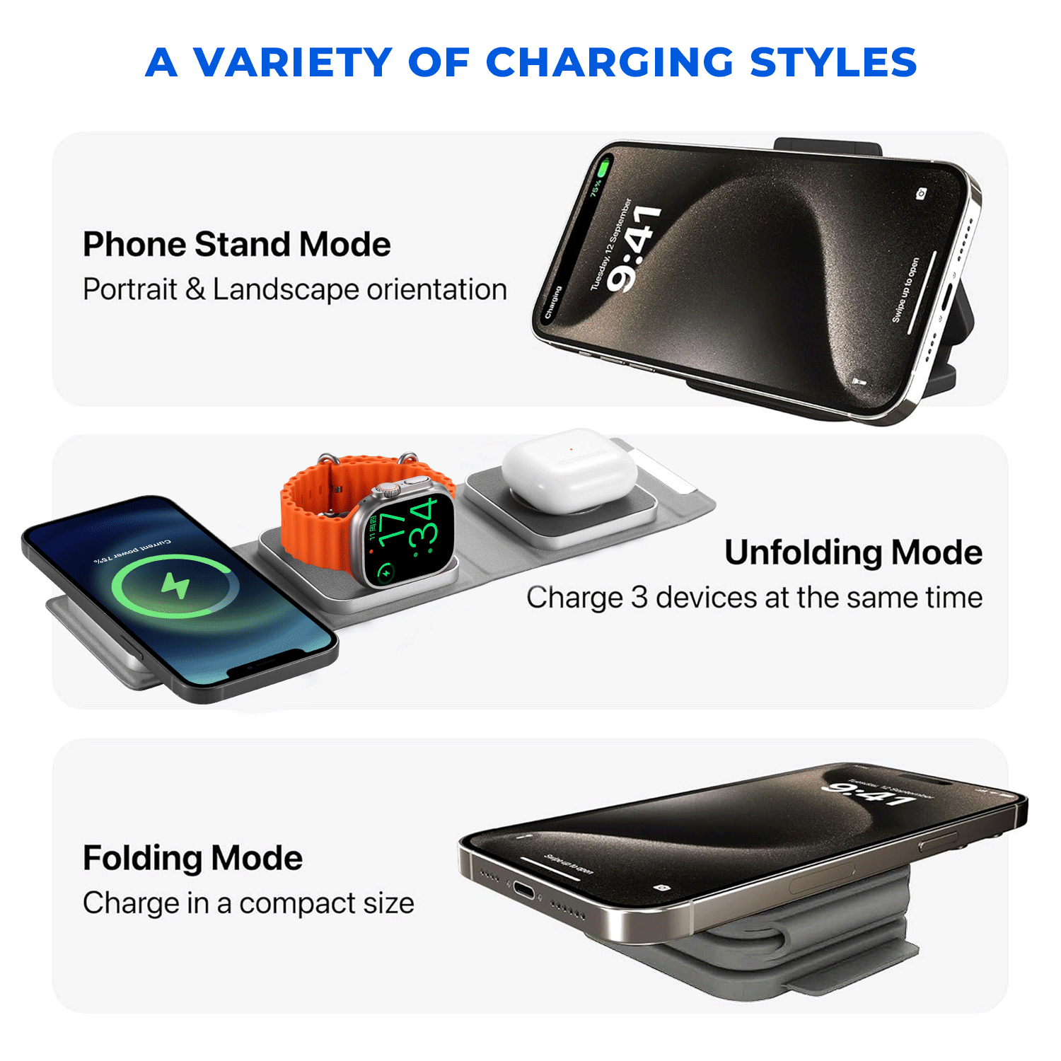 MAGSAFE MAGNETIC Foldable 3 in 1 Wireless Charger For Mobile, Watch & Headset|Fast Charging Dock with 15W Output|Qi-Compatible |Type-C Interface | White