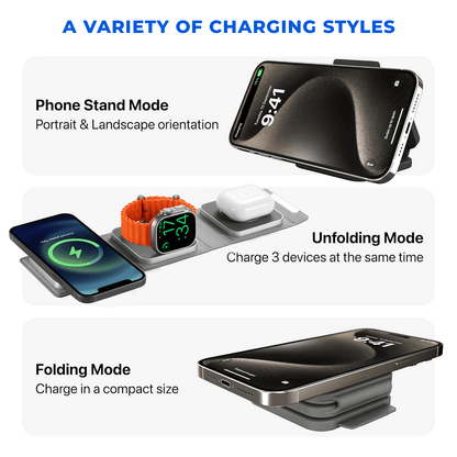 MAGSAFE MAGNETIC Foldable 3 in 1 Wireless Charger For Mobile, Watch & Headset|Fast Charging Dock with 15W Output|Qi-Compatible |Type-C Interface | White