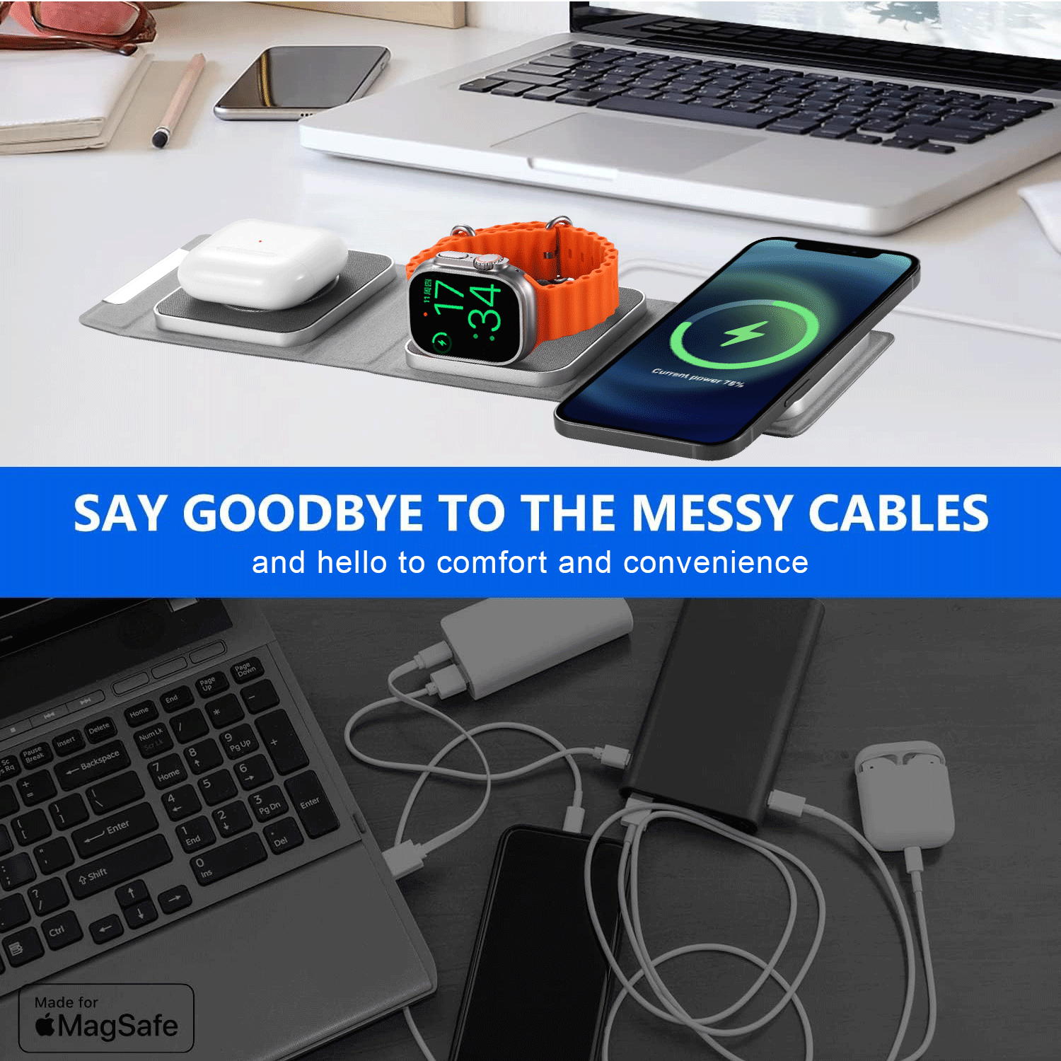 MAGSAFE MAGNETIC Foldable 3 in 1 Wireless Charger For Mobile, Watch & Headset|Fast Charging Dock with 15W Output|Qi-Compatible |Type-C Interface | White