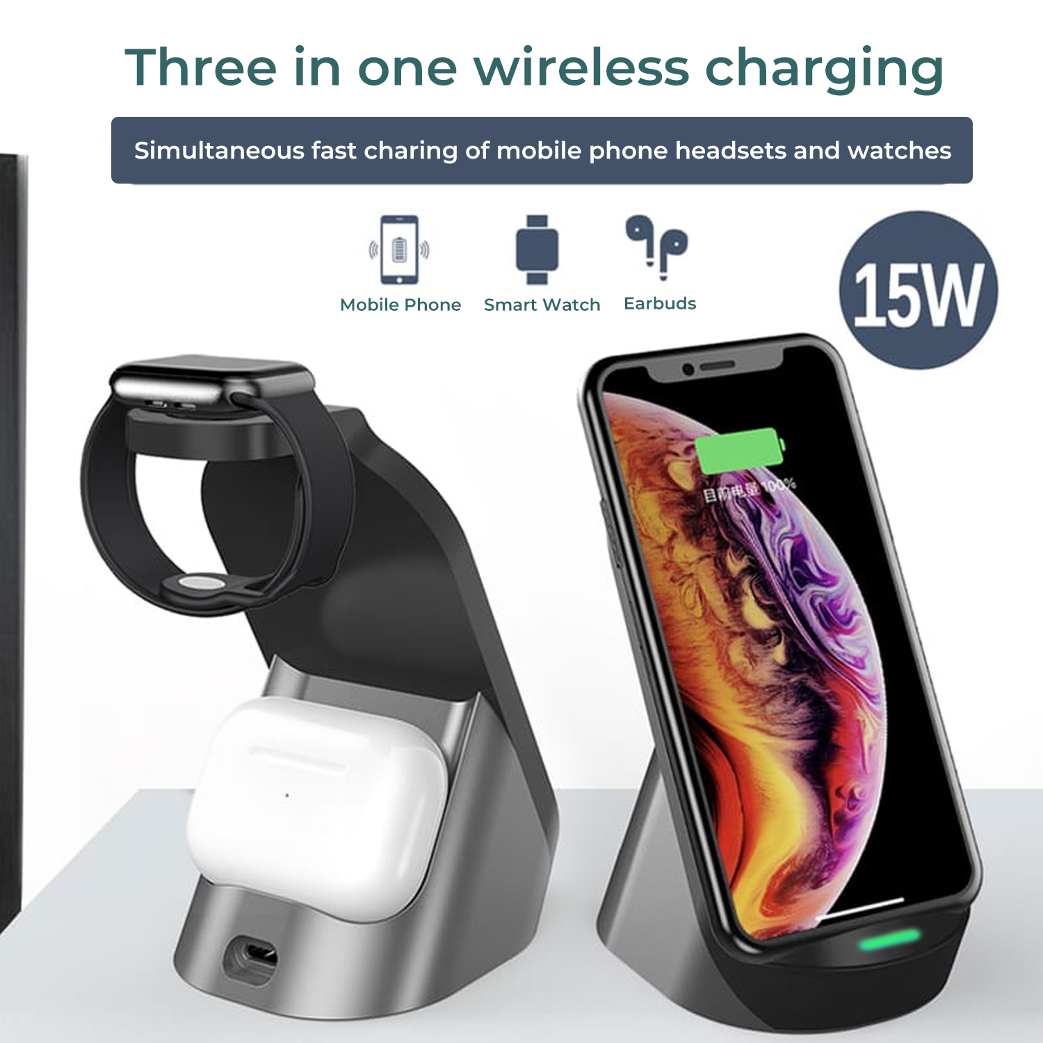 MAGSAFE MAGNETIC Wireless 15 W, 3-in-1 Dual Coil Fast Charger  for – Mobile, Watch & TWS That Comply With The QI Standard, Type C Interface | Black