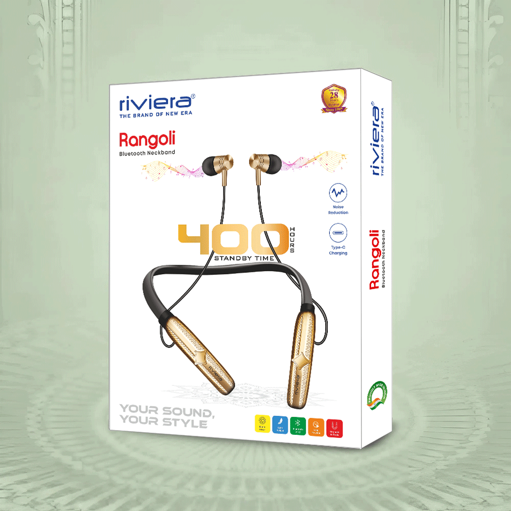 RANGOLI Bluetooth V6.0 Neckband | 400 Hours Standby | 45H Music Playback |  Type-C Fast Charging | Magnetic Earbuds | Noise Reduction | Lightweight & Comfortable Fit | Gold Color | Titanium
