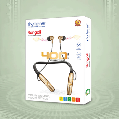 RANGOLI Bluetooth V6.0 Neckband | 400 Hours Standby | 45H Music Playback |  Type-C Fast Charging | Magnetic Earbuds | Noise Reduction | Lightweight & Comfortable Fit | Gold Color | Titanium