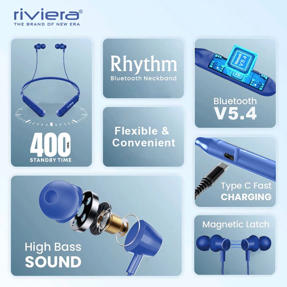 RHYTHM Bluetooth V5.4 Neckband Earphones with 400 Hours Standby Time,  Magnetic Earbuds,Low Latency,Wireless Headphone with Mic Earphones | Blue