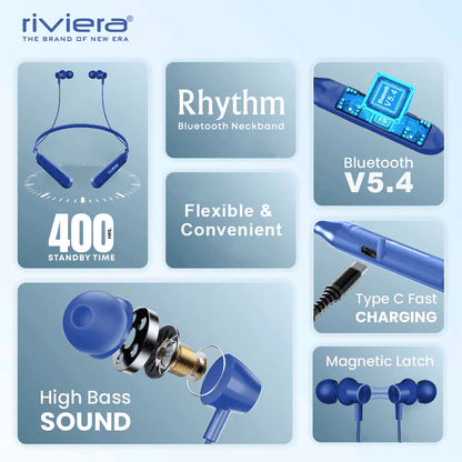 RHYTHM Bluetooth V5.4 Neckband Earphones with 400 Hours Standby Time,  Magnetic Earbuds,Low Latency,Wireless Headphone with Mic Earphones | Blue