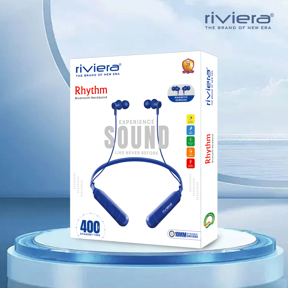 RHYTHM Bluetooth V5.4 Neckband Earphones with 400 Hours Standby Time,  Magnetic Earbuds,Low Latency,Wireless Headphone with Mic Earphones | Blue