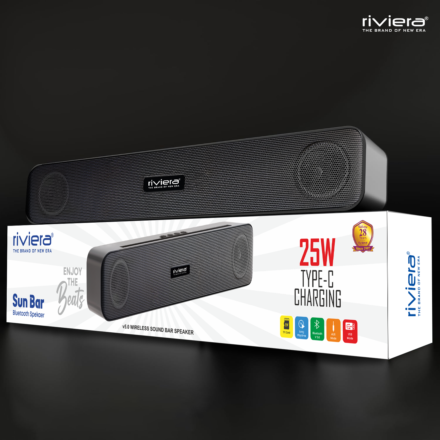 Sun Bar 25W Bluetooth v5.0 Speaker ,Type-C Fast Charging , 4HRS Playtime Feature,Multi-mode Playback(AUX/TF/USB/FM), Wireless Speaker, Portable Speaker( Black)