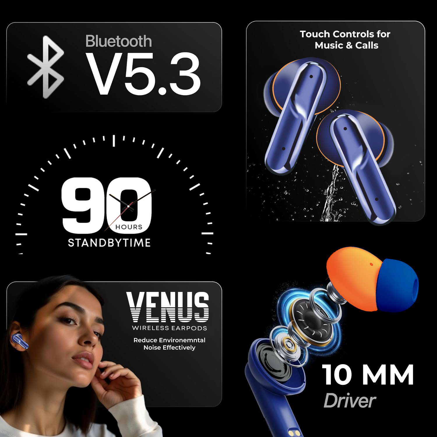 VENUS TWS Wireless Smart Touch Control Earbuds 10mm Drivers with Superior Sound,  Noise Reduction, 90 Hrs Standby Time, Bluetooth V5.3 Ear Buds, Type C Interface | Blue