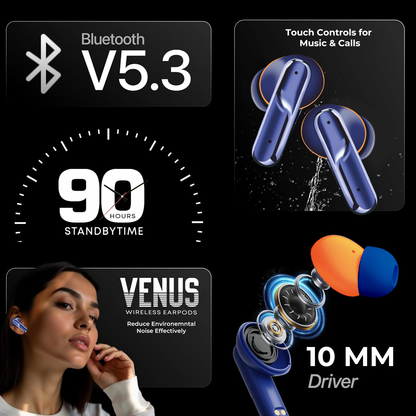 VENUS TWS Wireless Smart Touch Control Earbuds 10mm Drivers with Superior Sound,  Noise Reduction, 90 Hrs Standby Time, Bluetooth V5.3 Ear Buds, Type C Interface | Blue