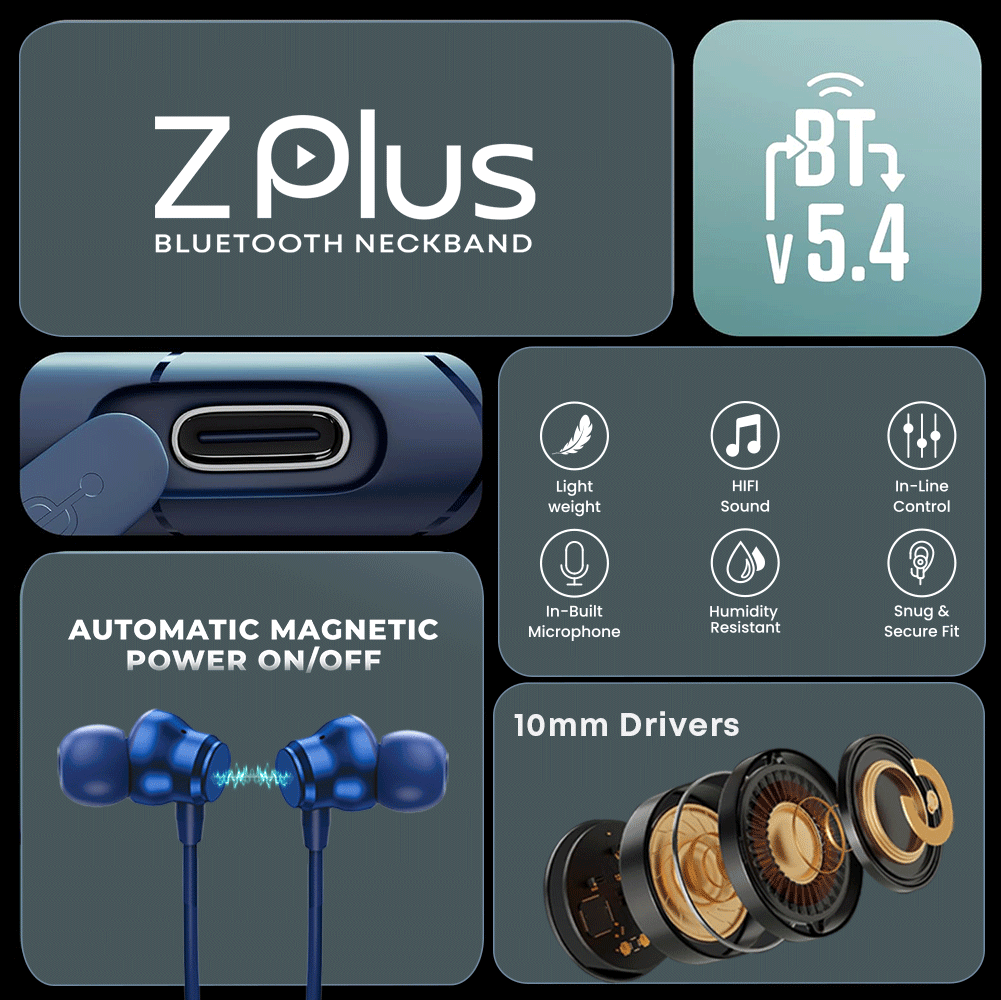 Z PLUS Assured Series, Long 110 Hours Music Play Time, 1000H Standby time, HD Bionic Sound Bluetooth V5.4 Neckband with Mic, Sweat Proof, Fast Pairing, in Ear Earphones | Blue