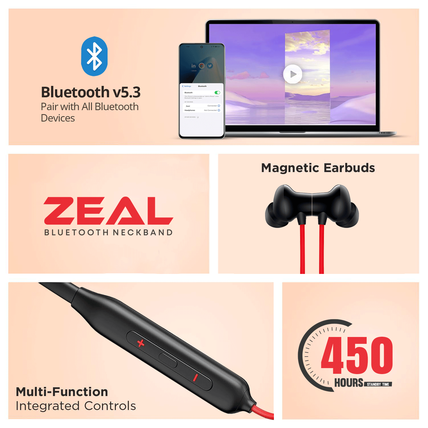 Zeal in Ear Wireless Neckband Bluetooth V5.3, 50 Hours Audio Playtime with Magnetic Neckband 10mm Drivers Stereo Wireless Headset Sweatproof for Sports - Black.