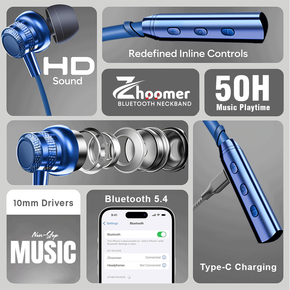 ZHOOMER Assured Series, 50 Hours Music Play Time, HD Mic Pure BassSound Latest Bluetooth V5.4, Type C Fast Charging,Wireless Neckband Earphone | Blue